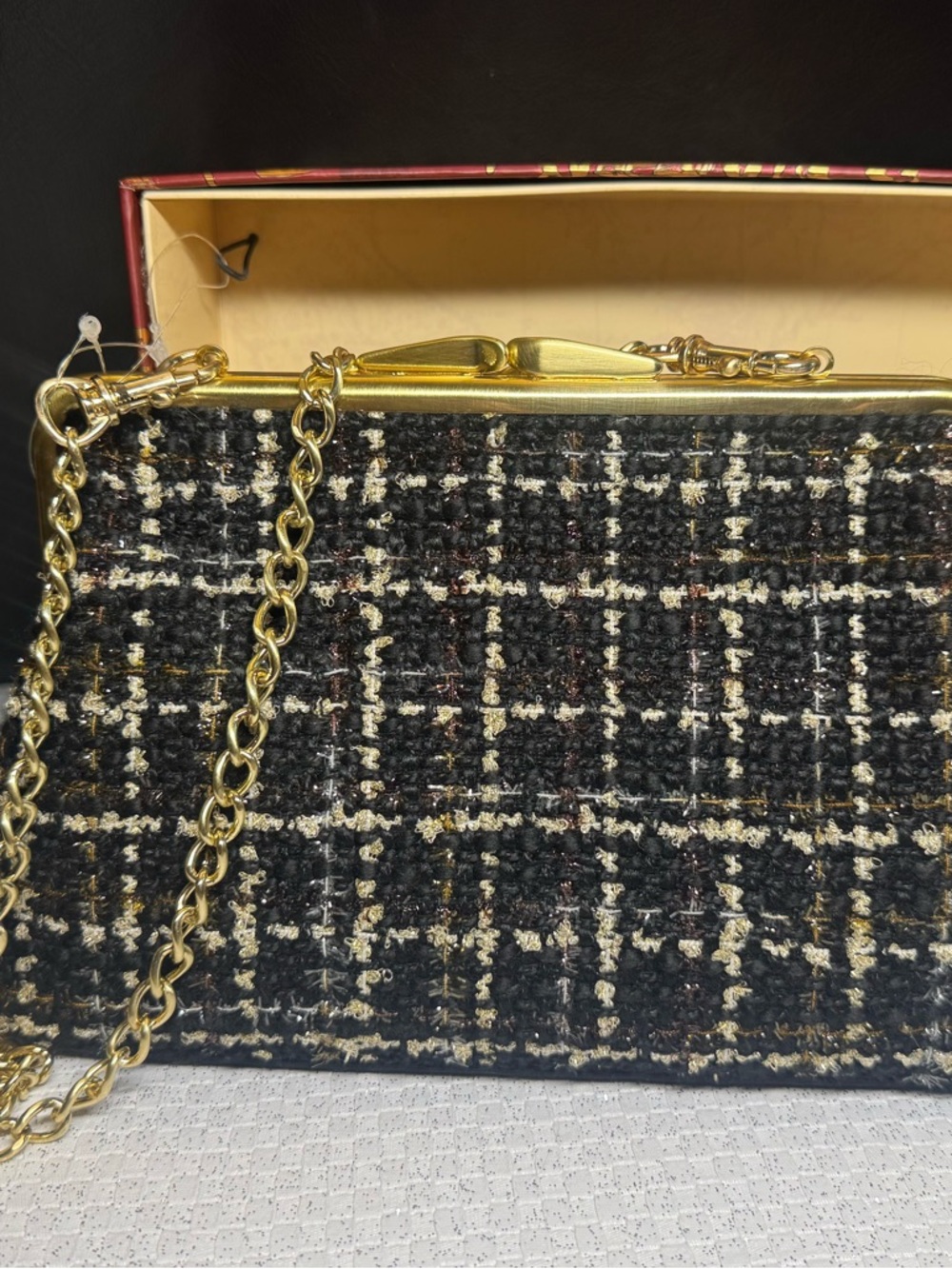 Patricia Nash Black Tweed Clutch with Gold Chain